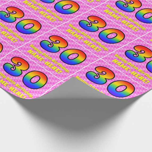 30. Geburtstag: Rosa Streifen & Herz, Regenbogen # Geschenkpapier (Ecke)