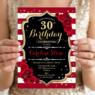 30. Geburtstag - Rot Gold Schwarz Weiß Streifen Ro Einladung