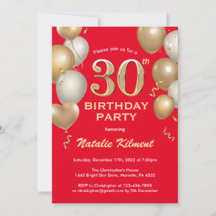 30. Geburtstag Rot und Gold Glitzer Ballons Einladung