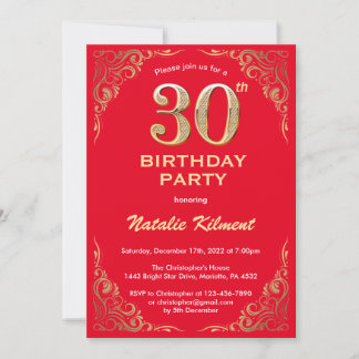 30. Geburtstag Rot und Gold Glitzer Rahmen Einladung