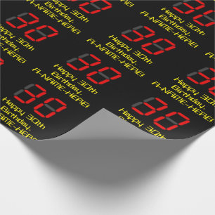 30. Geburtstag: Rote digitale Uhr-Stil "30" + Name Geschenkpapier