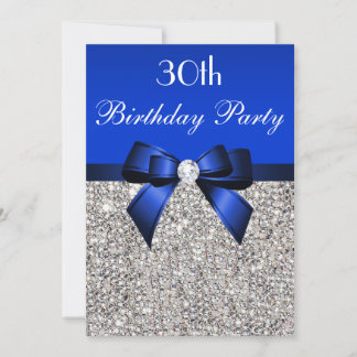 30. Geburtstag Royal Blue Bow Silver Sequins Einladung