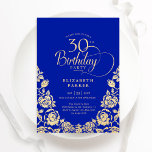 30. Geburtstag Royal Blue Gold Rose Einladung<br><div class="desc">Königlich blaues Gold elegant 30. Geburtstag Party Einladung. Klassisches Design mit Rose,  Imitaten Goldfolie und Typografie Script Schriftart. Die trendige Einladungskarte eignet sich perfekt für eine stilvolle Damenfeier. Personalisieren Sie Ihre persönlichen Daten. Kann für jedes Alter angepasst werden. Gedruckte Zazzle-Einladungen oder Sofortdownload digitaler Druckvorlage.</div>