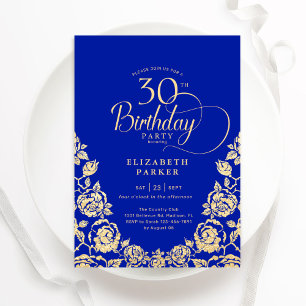 30. Geburtstag Royal Blue Gold Rose Einladung