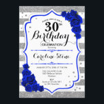 30. Geburtstag - Royal Blue Silver White Streifen Einladung<br><div class="desc">Einladung zum 30. Geburtstag. Elegantes Design in Imitaten Glitzer silber,  weiß und königsblau. Das stilvolle Skript-Fort,  Streifen und blaue Rose. Ideal für eine elegante 30. Geburtstagsfeier. Kann in jedem Alter angepasst werden.</div>