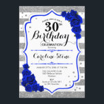 30. Geburtstag - Royal Blue Silver White Streifen Einladung<br><div class="desc">Einladung zum 30. Geburtstag. Elegantes Design in Imitaten Glitzer silber,  weiß und königsblau. Das stilvolle Skript-Fort,  Streifen und blaue Rose. Ideal für eine elegante 30. Geburtstagsfeier. Kann in jedem Alter angepasst werden.</div>