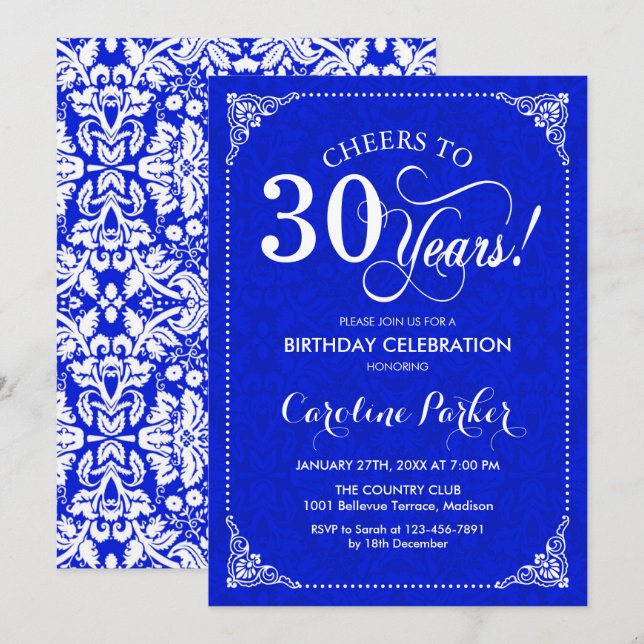 30. Geburtstag - Royal Blue White Damask Einladung (Vorne/Hinten)