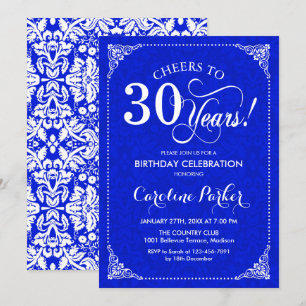 30. Geburtstag - Royal Blue White Damask Einladung