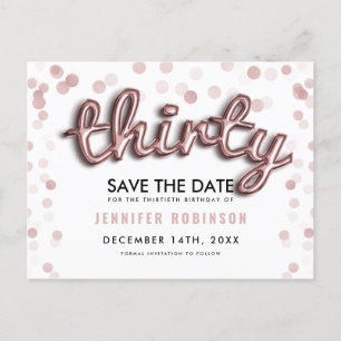 30. Geburtstag Save the Date Rose Goldballons Ankündigungspostkarte