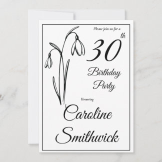 30. Geburtstag Schneeglöckchen Floral Schwarz und Einladung