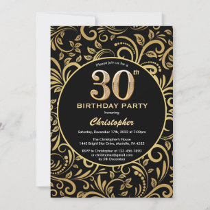 30. Geburtstag Schwarz-Gold-Blütenmuster Einladung