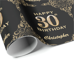 30. Geburtstag Schwarz-Gold-Glitzer-Rahmen Geschenkpapier