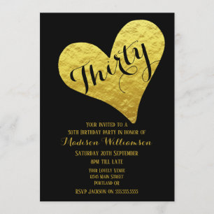 30. Geburtstag Schwarz und Faux Gold Herz Einladung