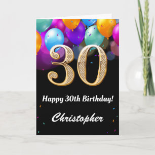 30. Geburtstag Schwarz und Gold farbige Ballons Karte