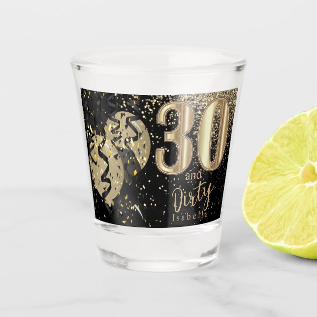 30. Geburtstag: Schwarz und Gold Glitzer Schnapsglas (Vorderseite)