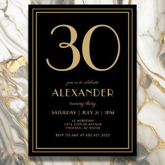 30. Geburtstag Schwarz und Gold Modern Minimal Erw Einladung