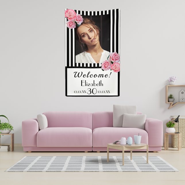 30. Geburtstag Schwarz-weiße Streifen Blume Foto Banner (Von Creator hochgeladen)