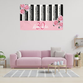 30. Geburtstag schwarze Streifen rosa Floralnamen Banner