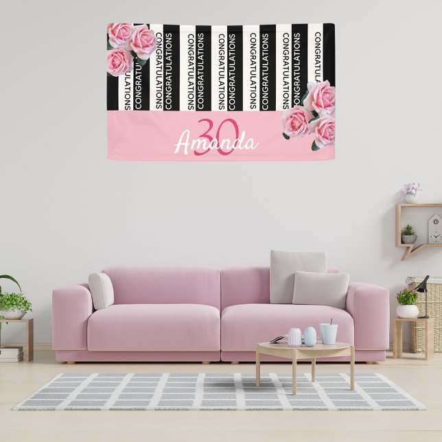 30. Geburtstag schwarze Streifen rosa Floralnamen Banner (Von Creator hochgeladen)