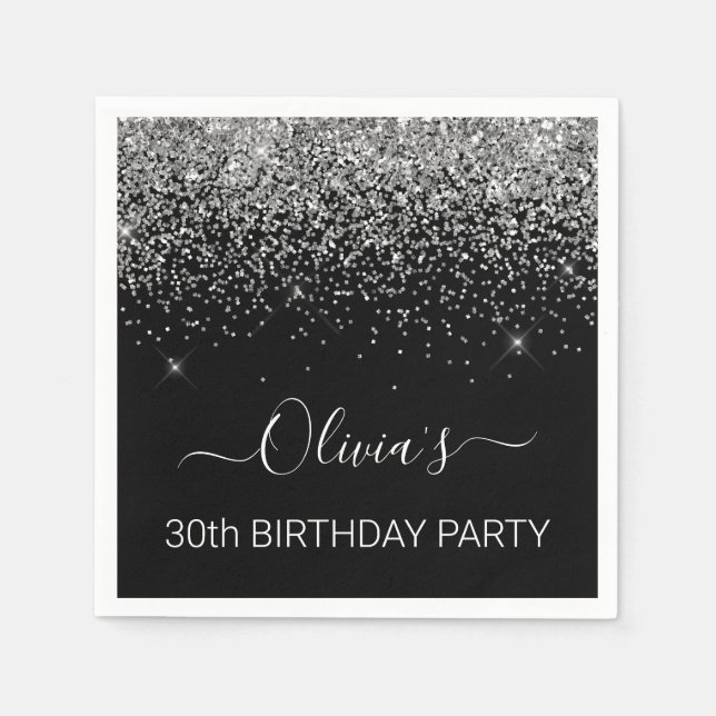 30. Geburtstag Schwarzer Silberner Glitzer jedes A Serviette (Vorderseite)