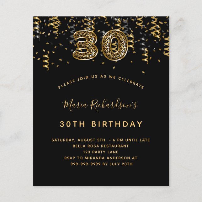 30. Geburtstag schwarzes Goldleopard-Party (Vorderseite)