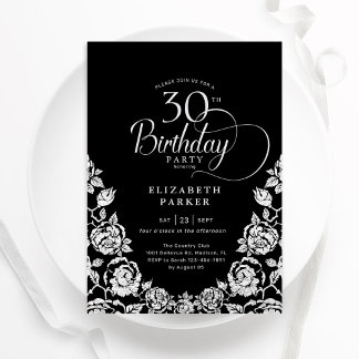 30. Geburtstag Schwarzes Silber Rose Einladung
