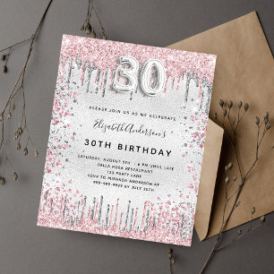 30. Geburtstag silberrosa Glitzer Tropfen Einladungspostkarte