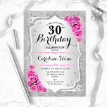 30. Geburtstag - Silberstreifen Rosen Einladung<br><div class="desc">Einladung zum 30. Geburtstag. Elegantes Blumendesign in Silber und Rosa. Features Imitate Glitzer silberne Streifen,  rosa Rosen stilvolle Skript-Schriftart und Konfetti. Ideal für eine gläserne Geburtstagsfeier.</div>