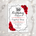 30. Geburtstag - Silberweiße Rote Rosen Einladung<br><div class="desc">Eleganter 30. Geburtstag Einladung. Stilvolles Design in Weiß,  Silber und Rot. Verfügt über rote Rosen,  Damast Muster und Imitate Glitzer silber Konfetti. Ideal für eine gläserne Geburtstagsfeier. Kann für jedes Alter angepasst werden. Nachricht,  wenn Sie weitere Anpassungen benötigen.</div>