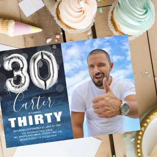30 Geburtstag Silver Ballon | Blaues Foto Party Einladung