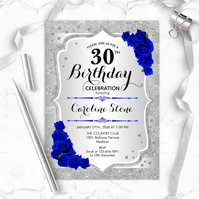 30. Geburtstag - Silver Stripes Royal Blue Rose Einladung (Von Creator hochgeladen)
