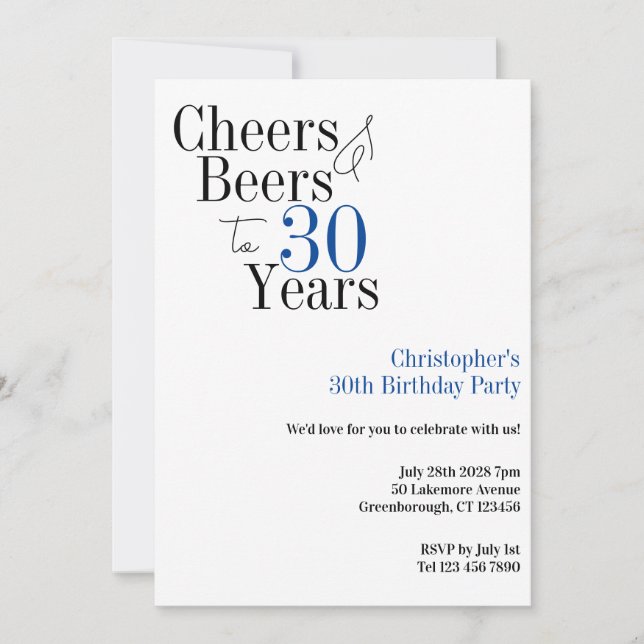 30. Geburtstag Simple Cheers Beers Party Einladung (Vorderseite)
