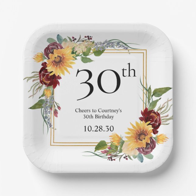 30. Geburtstag Sonnenblumen Pappteller (Vorderseite)