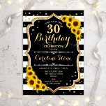 30. Geburtstag - Sonnenblumen Schwarz-weiße Streif Einladung<br><div class="desc">Rustikale 30. Geburtstagseinladung. Elegantes Design mit schwarz-weißen Streifen,  Sonnenblumen und Imitaten Glitzer Gold. Features stilvolle Skript-Schriftart und Konfetti. Ideal für eine elegante Geburtstagsfeier. Passen Sie Ihre persönlichen Daten an.</div>
