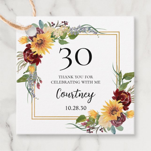 30. Geburtstag Sonnenblumen Vielen Dank Geschenkanhänger (Vorderseite)