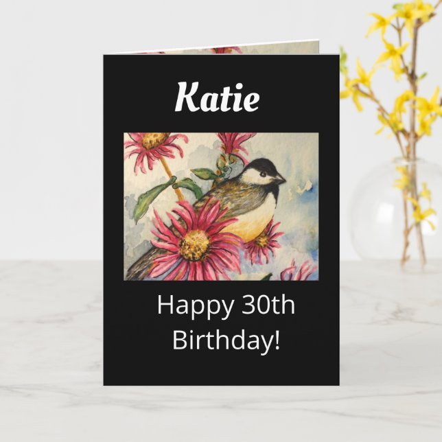 30. Geburtstag Sweet Chickadee Wasserfarbe Karte (Gelbe Blume)