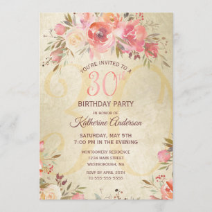 30. Geburtstag Vintag Floral Pink Roses Gold Party Einladung