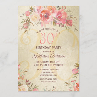 30. Geburtstag Vintag Floral Pink Roses Gold Party Einladung