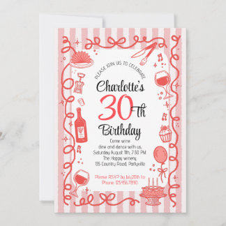 30. Geburtstag Wein und Essen handgezeichnet  Einladung