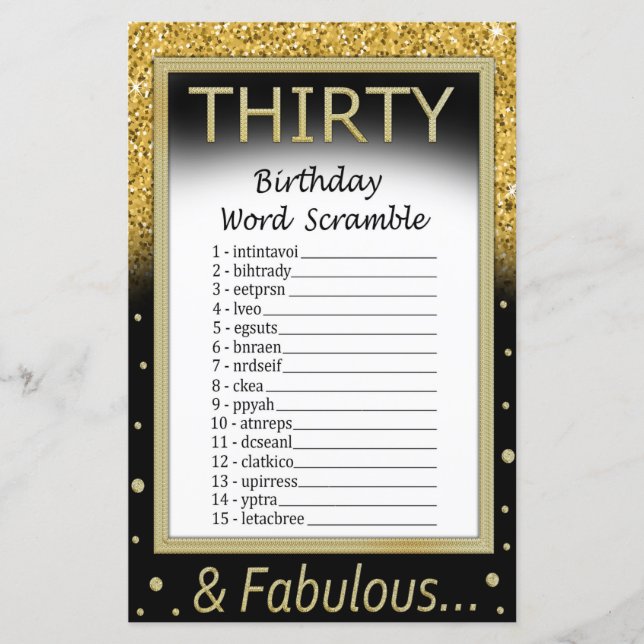 30 Geburtstag Word Scramble Game (Vorderseite)