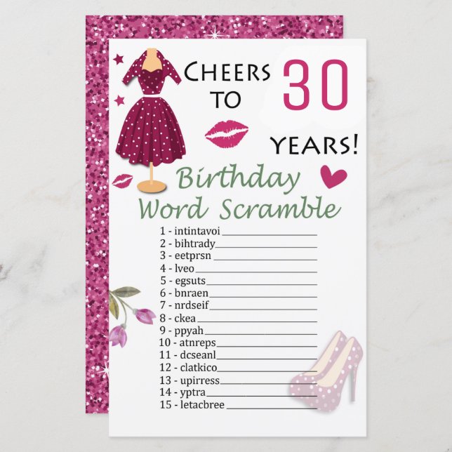 30. Geburtstag Word Scramble Game (Vorne/Hinten)