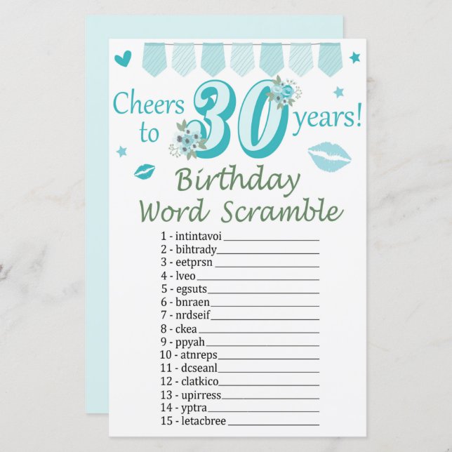 30. Geburtstag Word Scramble Game (Vorne/Hinten)