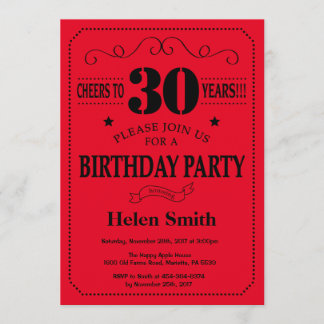 30. Geburtstags-Einladungs-Schwarzes und Rot Einladung