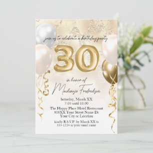 30. Geburtstagsballons auf goldenem Glittermarmor Einladung