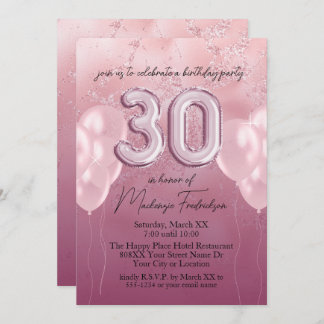 30. Geburtstagsballons auf rosa Glitzer Marmor Einladung