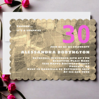 30 Geburtstagsfeier Goldmuster weiß pink Einladung