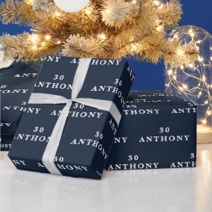 30. Geburtstagsfeier Name Navy Blau Modernes Muste Geschenkpapier