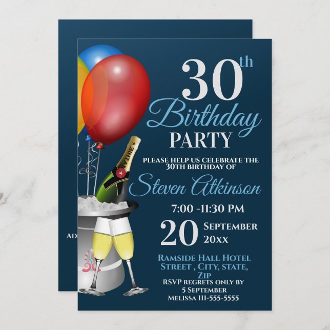 30. Geburtstagsfeier Sparkling Party Einladung (Vorne/Hinten)