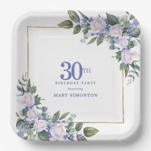30. Geburtstagsfeier Weiße Rose Blaue Blumen indiv Pappteller