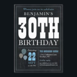 30. Geburtstagskarte Blue Balloon Rustikaler Chic Einladung<br><div class="desc">Rustikales Vintages Chalkboard White Blue Ballon 30. Geburtstagsfeier Party Einladung</div>